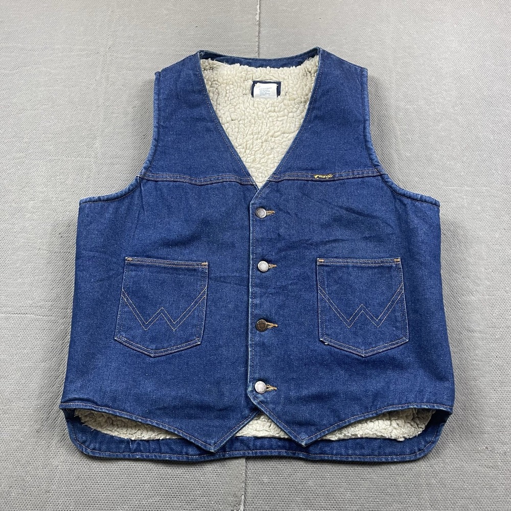 Vintage Wrangler Denim Vest Mens Large Blue Sherpa Lined Button Up USA